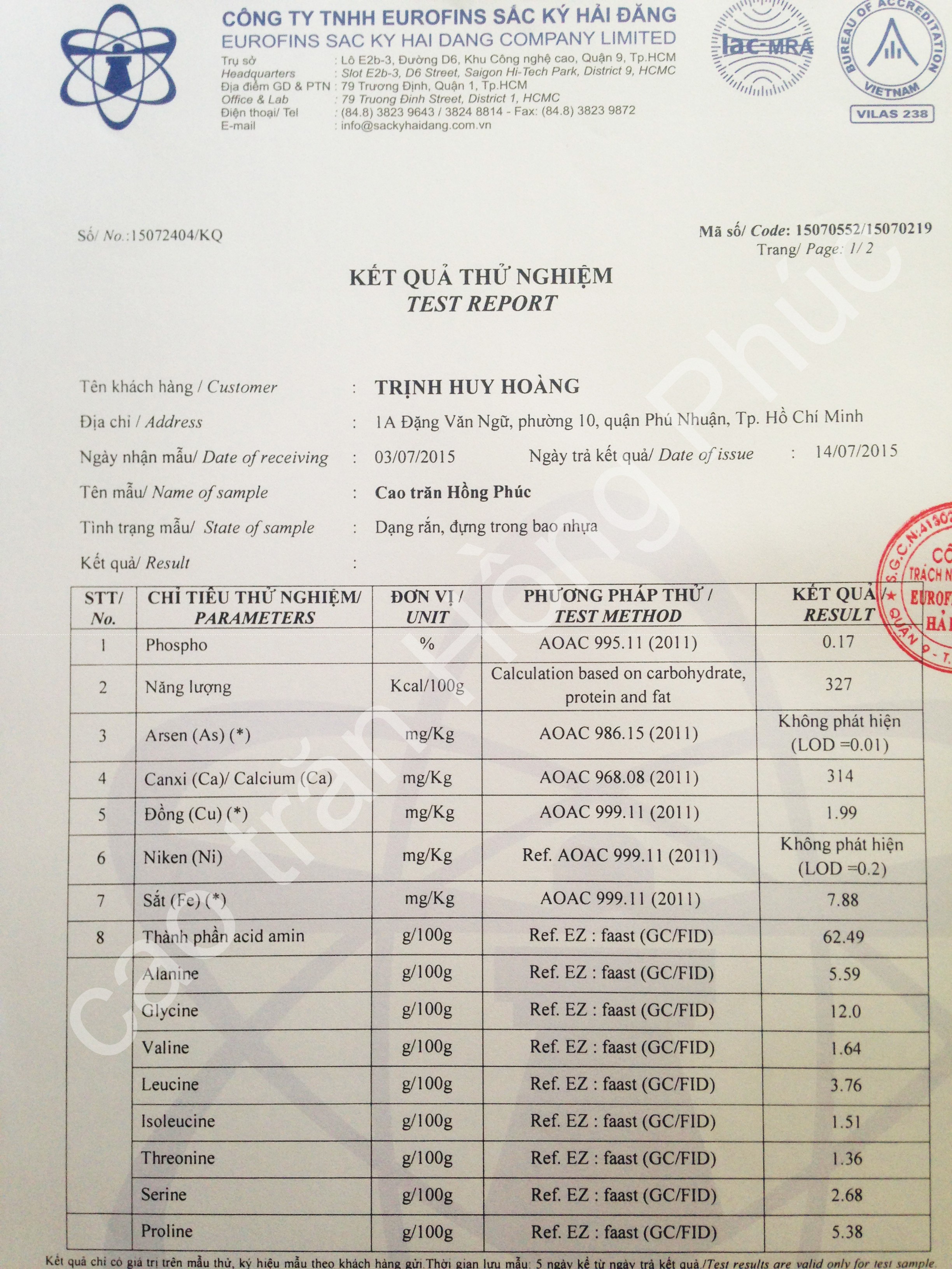 hàm lượng một số chất dinh dưỡng và axit amin có trong cao trăn