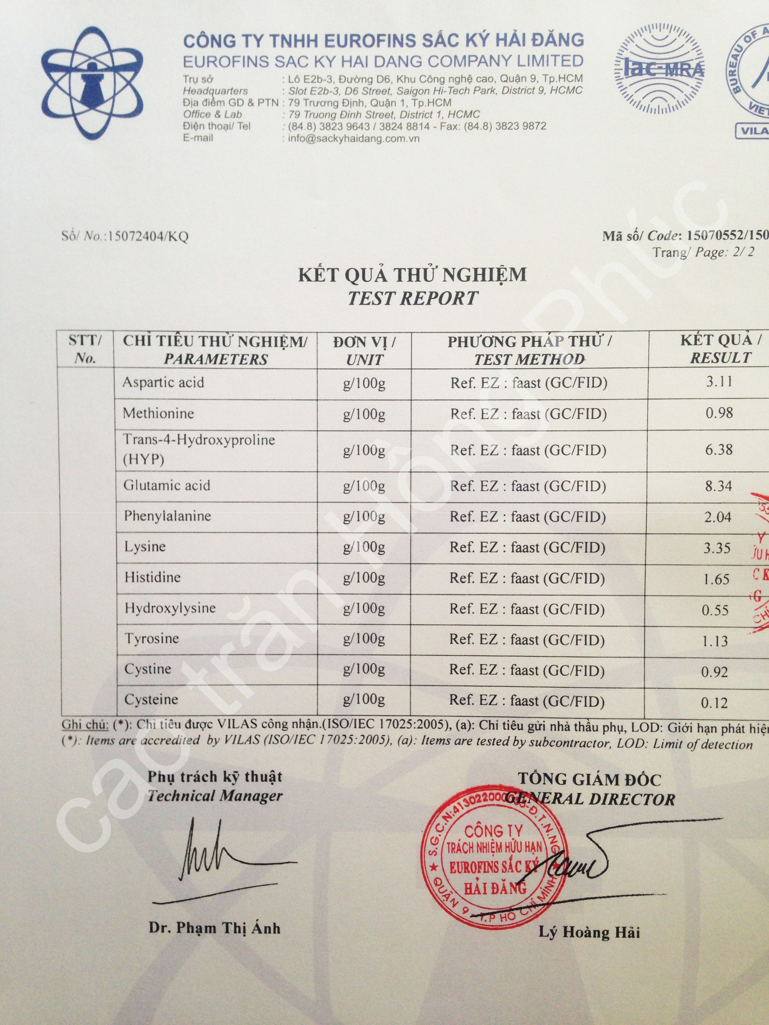 hàm lượng một số chất dinh dưỡng và axit amin.